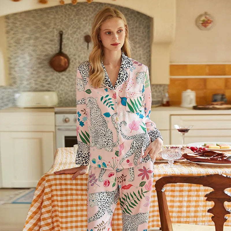 Spring Autumn Female Pajamas Set Novelty Print Flower Sleepwear Long Sleeve Shirt&Pant Pijamas Suit Loose Silky Satin Home Wear