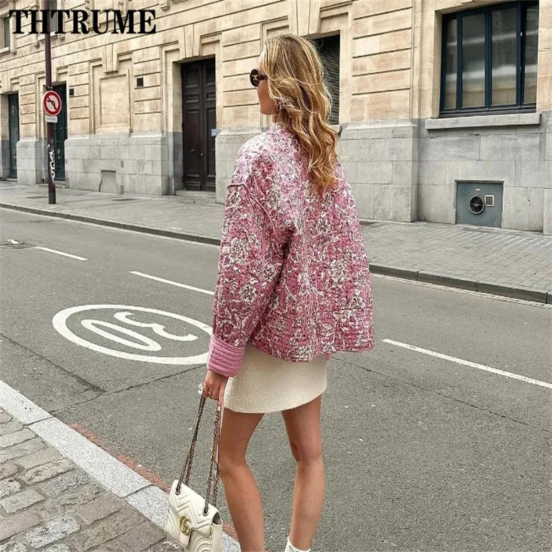Elegant Women Floral Print Jacket Fashion Long Sleeve Vintage Autumn Winter Warm Coats Casual Communte O-Neck Chic Quilted Coat