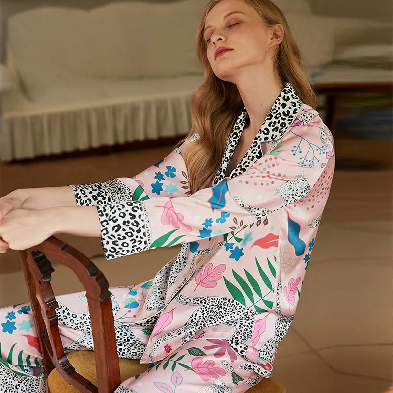 Spring Autumn Female Pajamas Set Novelty Print Flower Sleepwear Long Sleeve Shirt&Pant Pijamas Suit Loose Silky Satin Home Wear