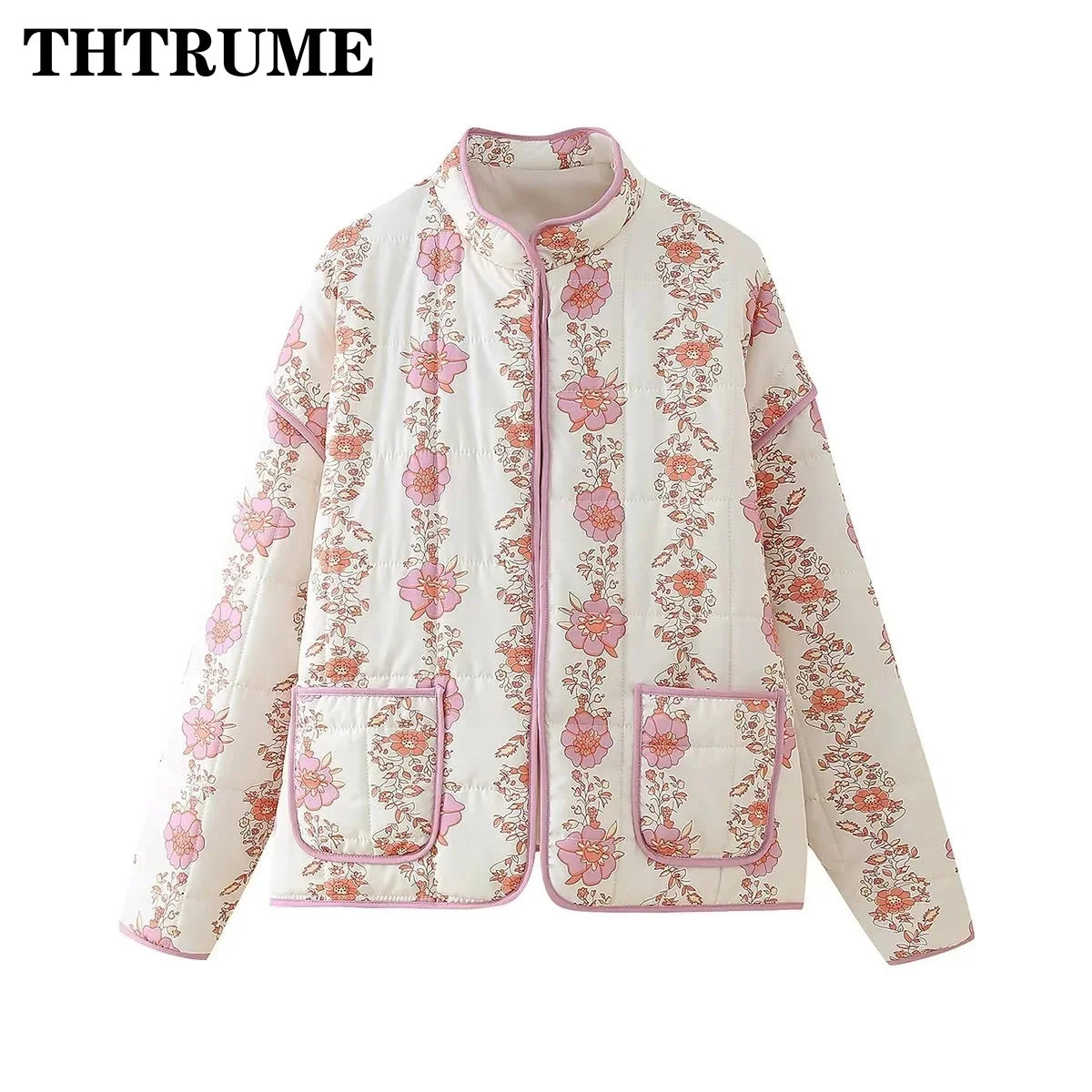 Elegant Women Floral Print Jacket Fashion Long Sleeve Vintage Autumn Winter Warm Coats Casual Communte O-Neck Chic Quilted Coat