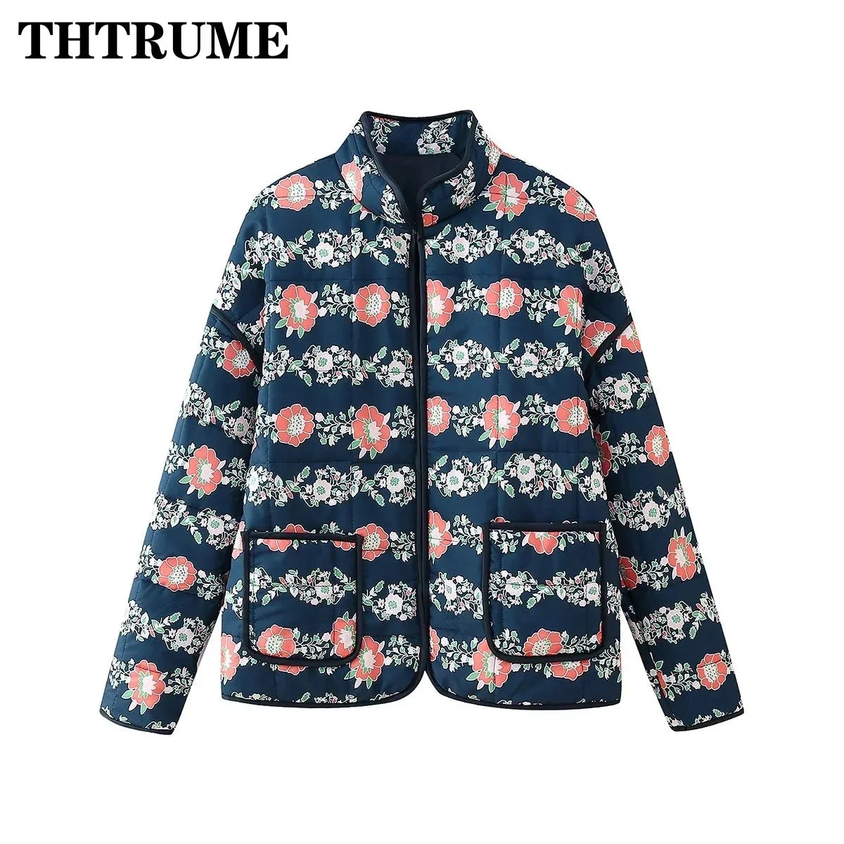 Elegant Women Floral Print Jacket Fashion Long Sleeve Vintage Autumn Winter Warm Coats Casual Communte O-Neck Chic Quilted Coat