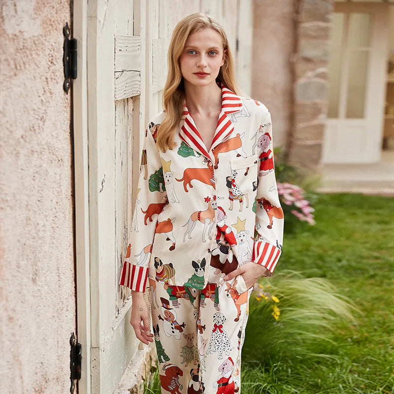 Spring Autumn Female Pajamas Set Novelty Print Flower Sleepwear Long Sleeve Shirt&Pant Pijamas Suit Loose Silky Satin Home Wear