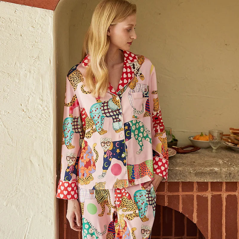 Spring Autumn Female Pajamas Set Novelty Print Flower Sleepwear Long Sleeve Shirt&Pant Pijamas Suit Loose Silky Satin Home Wear
