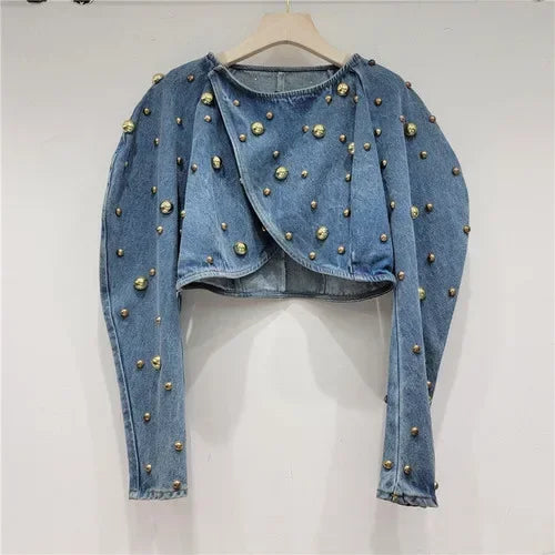 Spring Autumn Women Rivets Long Lantern Sleeve Denim Coat Short Pearls Beading Jeans Bomber Jacket Cowboy Cardigan Tops 2023