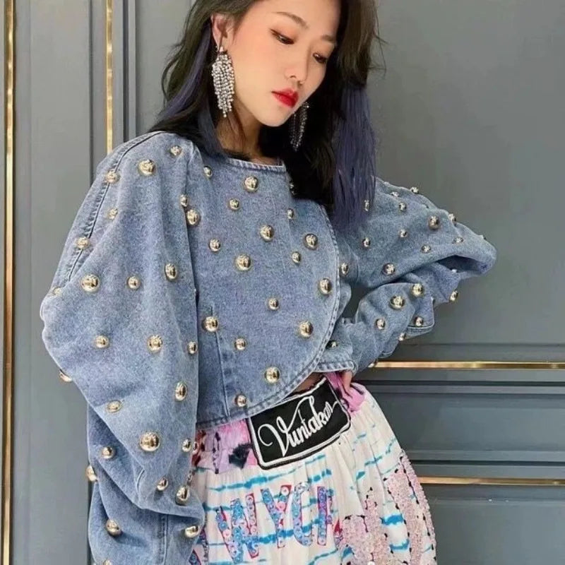 Spring Autumn Women Rivets Long Lantern Sleeve Denim Coat Short Pearls Beading Jeans Bomber Jacket Cowboy Cardigan Tops 2023