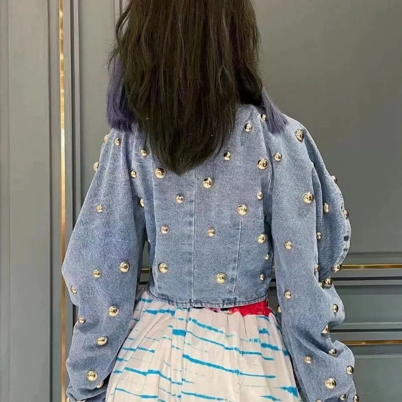 Spring Autumn Women Rivets Long Lantern Sleeve Denim Coat Short Pearls Beading Jeans Bomber Jacket Cowboy Cardigan Tops 2023