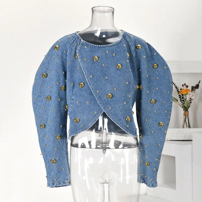 Spring Autumn Women Rivets Long Lantern Sleeve Denim Coat Short Pearls Beading Jeans Bomber Jacket Cowboy Cardigan Tops 2023