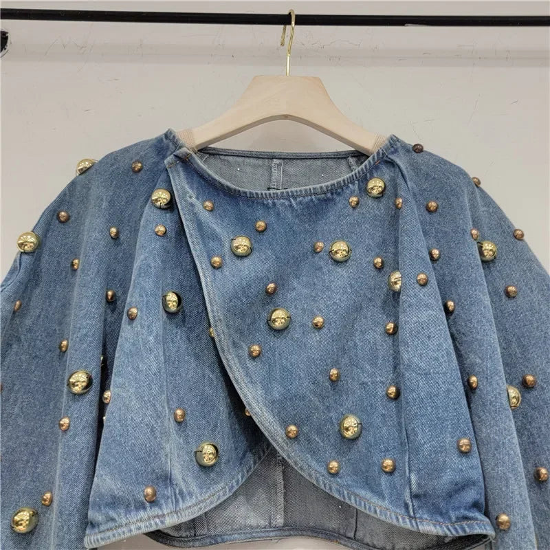 Spring Autumn Women Rivets Long Lantern Sleeve Denim Coat Short Pearls Beading Jeans Bomber Jacket Cowboy Cardigan Tops 2023