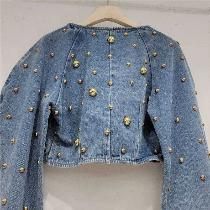 Spring Autumn Women Rivets Long Lantern Sleeve Denim Coat Short Pearls Beading Jeans Bomber Jacket Cowboy Cardigan Tops 2023