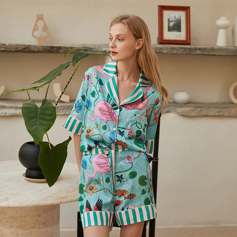 Spring Autumn Female Pajamas Set Novelty Print Flower Sleepwear Long Sleeve Shirt&Pant Pijamas Suit Loose Silky Satin Home Wear