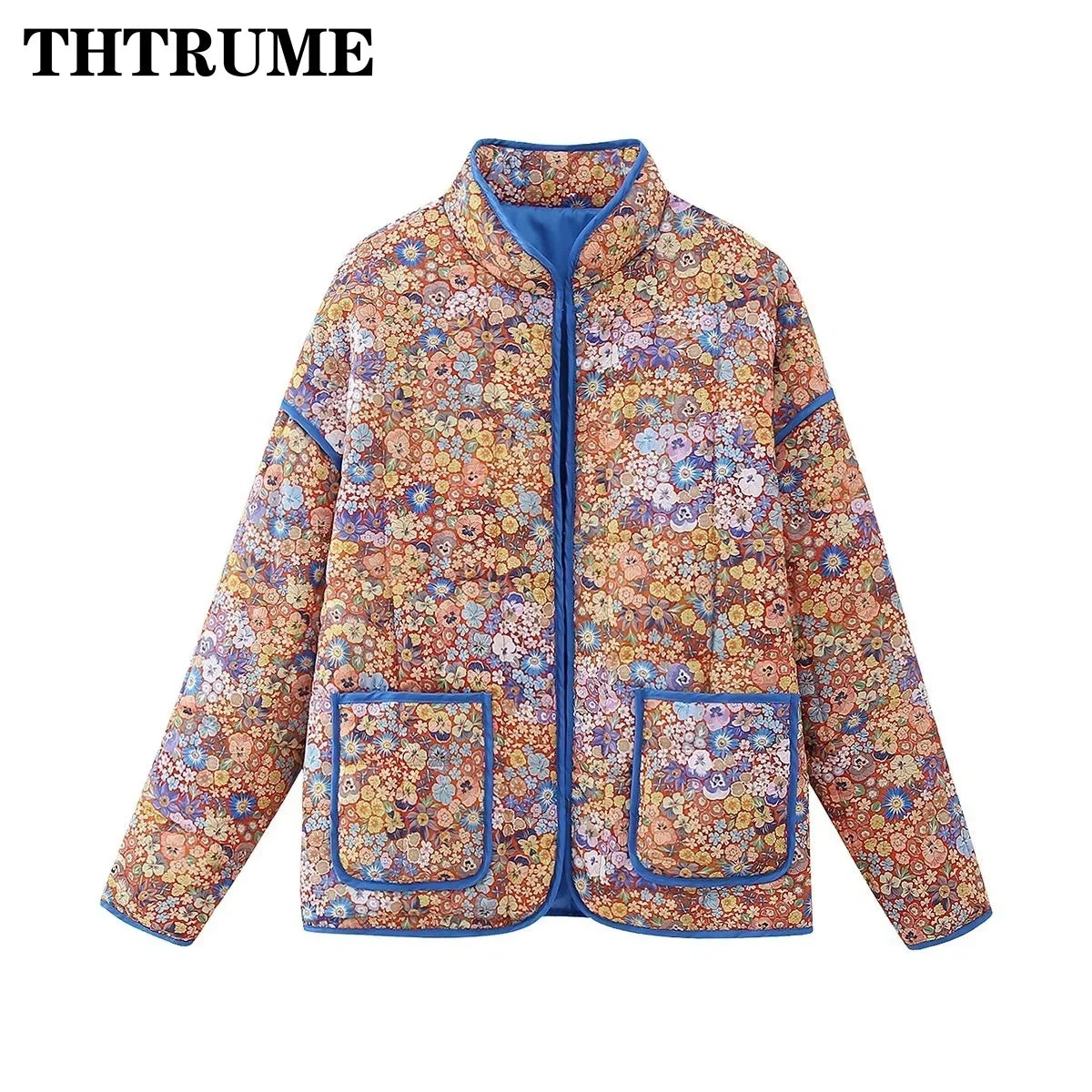 Elegant Women Floral Print Jacket Fashion Long Sleeve Vintage Autumn Winter Warm Coats Casual Communte O-Neck Chic Quilted Coat