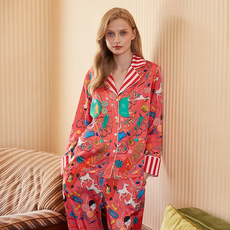 Spring Autumn Female Pajamas Set Novelty Print Flower Sleepwear Long Sleeve Shirt&Pant Pijamas Suit Loose Silky Satin Home Wear