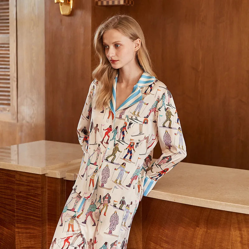 Spring Autumn Female Pajamas Set Novelty Print Flower Sleepwear Long Sleeve Shirt&Pant Pijamas Suit Loose Silky Satin Home Wear