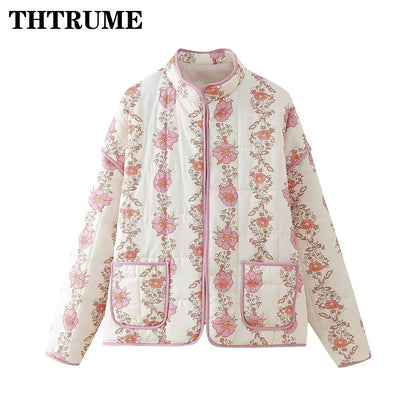 Elegant Women Floral Print Jacket Fashion Long Sleeve Vintage Autumn Winter Warm Coats Casual Communte O-Neck Chic Quilted Coat