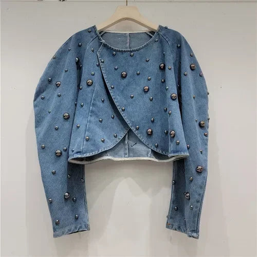 Spring Autumn Women Rivets Long Lantern Sleeve Denim Coat Short Pearls Beading Jeans Bomber Jacket Cowboy Cardigan Tops 2023
