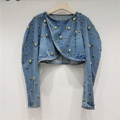 Spring Autumn Women Rivets Long Lantern Sleeve Denim Coat Short Pearls Beading Jeans Bomber Jacket Cowboy Cardigan Tops 2023
