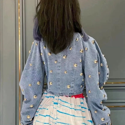 Spring Autumn Women Rivets Long Lantern Sleeve Denim Coat Short Pearls Beading Jeans Bomber Jacket Cowboy Cardigan Tops 2023