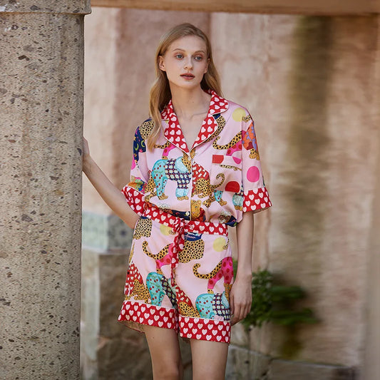 Spring Autumn Female Pajamas Set Novelty Print Flower Sleepwear Long Sleeve Shirt&Pant Pijamas Suit Loose Silky Satin Home Wear