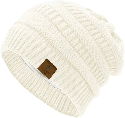 Womens Knit Beanie Winter Thick Solid Fleece Lined Beanie Hats for Women Men Unisex Warm Skiing Beanies Ivory White