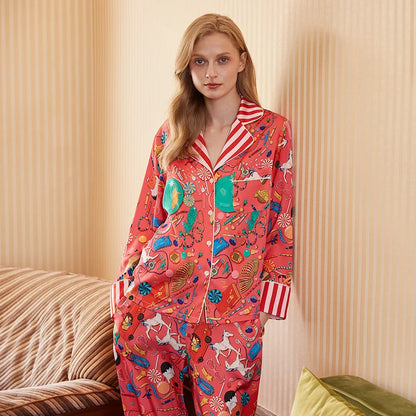 Spring Autumn Female Pajamas Set Novelty Print Flower Sleepwear Long Sleeve Shirt&Pant Pijamas Suit Loose Silky Satin Home Wear