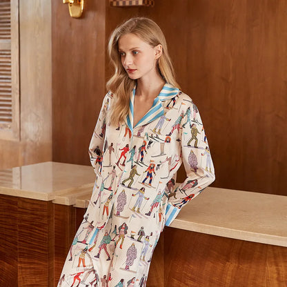 Spring Autumn Female Pajamas Set Novelty Print Flower Sleepwear Long Sleeve Shirt&Pant Pijamas Suit Loose Silky Satin Home Wear